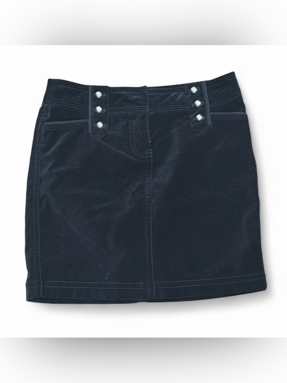 White House Black Market Black Velvet Mini Skirt with Decorative Buttons